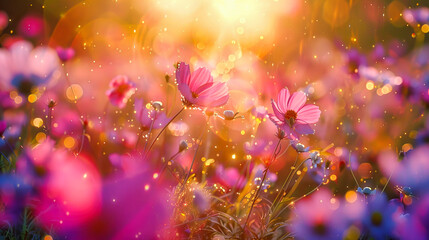 Soft Pastel Meadow in Bloom, Pink and Yellow Cosmos Flowers, Serene Nature and Springtime Beauty