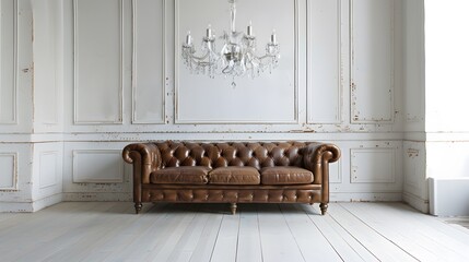 Vintage Retro Chandelier for living room loft room with cozy design and  antique leather sofa.