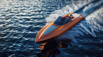 An electric-powered speedboat racing across the surface of a shimmering lake, with the wind in its sails and the spray of water in its wake.
