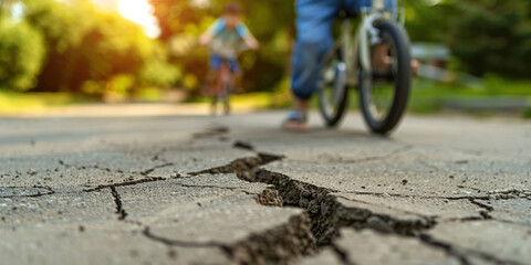 Boy riding a bike and big crack on road in frint. Poor condition of the road surface. Spring season. Hole in the asphalt, risk of movement by car, bad asphalt, dangerous road, potholes in asphalt. 