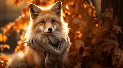Naklejka premium Picture a fashionable fox in a faux fur stole, accessorized with pearl earrings and a velvet choker. Against a backdrop of autumn leaves, it exudes woodland elegance and timeless style. Mood: refined 