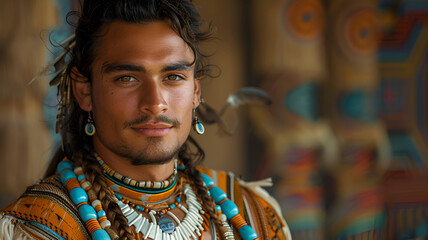 Stoic Portrait of Native American Man in Ceremonial Garb
