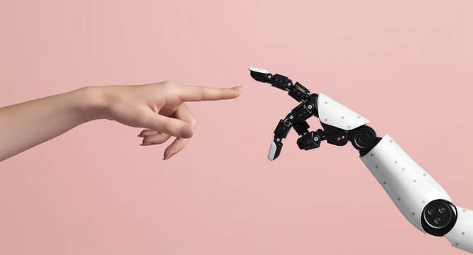 Robot Humane hand ai touching studio Ai contact digital future automation pink