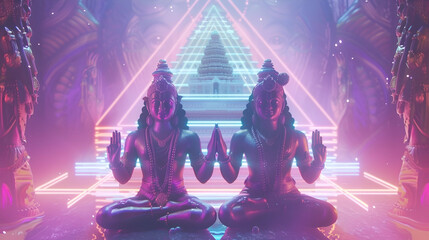 brahma, vishnu and shiva facing outward triangle formation, modern picture with neon colors and light coming up - obrazy, fototapety, plakaty