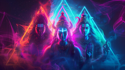 brahma, vishnu and shiva facing outward triangle formation, modern picture with neon colors and light coming up - obrazy, fototapety, plakaty