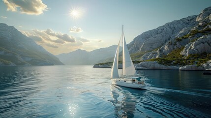 An electric-powered yacht sailing across a tranquil bay, with the wind in its sails and the sun...