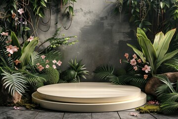 podium 3d Flower and green minimal forest for beautiful display beauty product mock up for cosmetic or product Promotion advertising banner Luxury