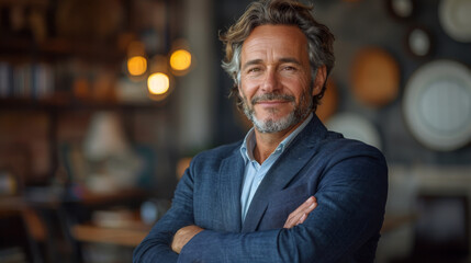 Fototapeta premium Happy mid aged business man ceo standing in office arms crossed. Smiling mature confident professional executive manager, proud lawyer, confident businessman leader wearing blue suit, portrait.