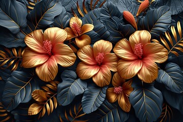 Luxurious golden, dark floral background. Flower design for wallpaper for prints, covers. 3d artwork