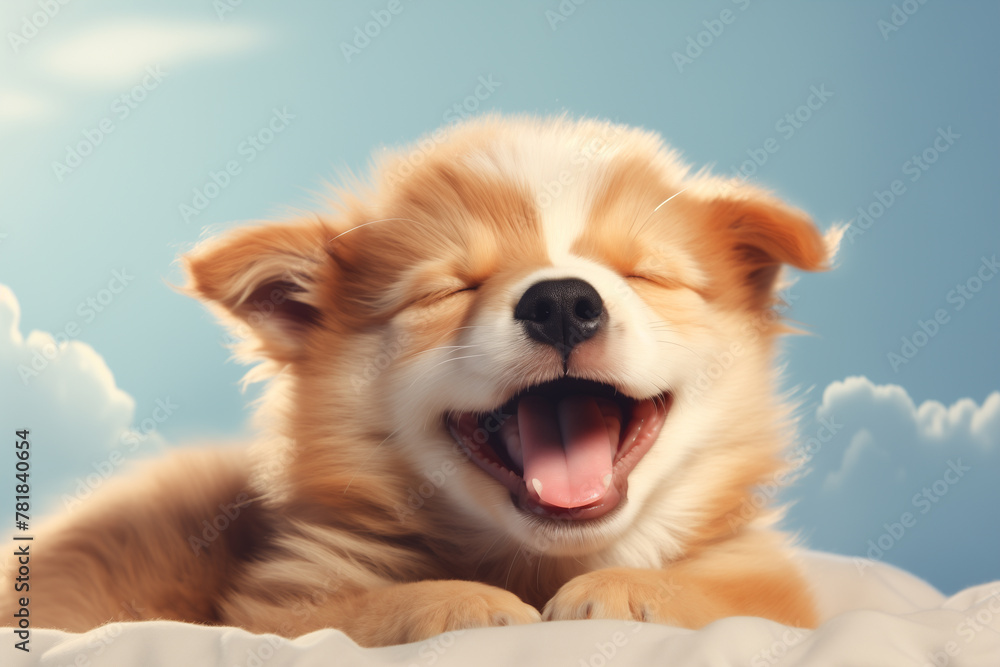 Wall mural cute smilying puppy over fluffy clous background