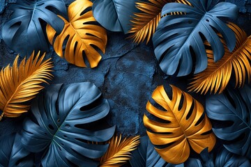 Luxury floral background with golden and black palm, monstera leaves on black background