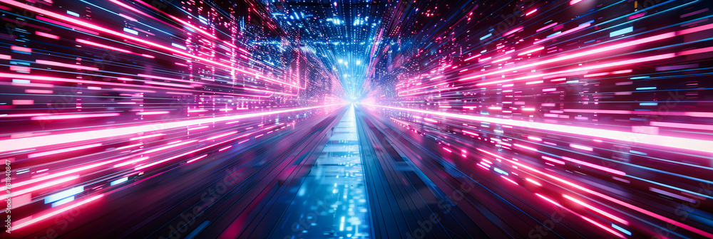 Poster speeding through futuristic blue tunnel, abstract concept of fast motion in space, technology and fu