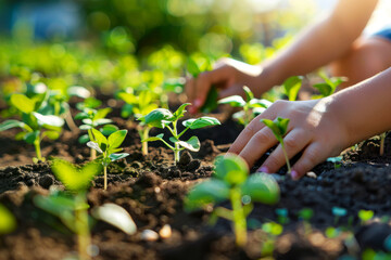 Children's hands in soil planting seeds, promoting growth and life in a sustainable environment