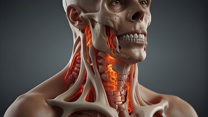 A medical image of a skeleton with the neck highlighted in red, showing the spine, skull, and other bones. - obrazy, fototapety, plakaty