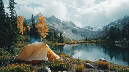 Camping in the mountains with a tent. Generative AI. - obrazy, fototapety, plakaty