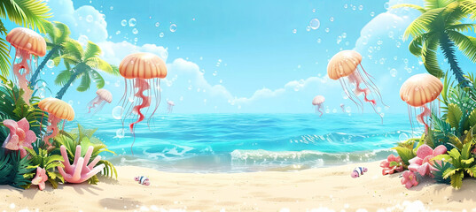 Fototapeta na wymiar cartoon jellyfish on the tropical beach background