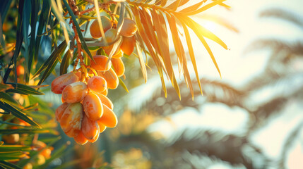 Sun-drenched dates fruit tree, focusing on the warm hues of a tranquil sunrise