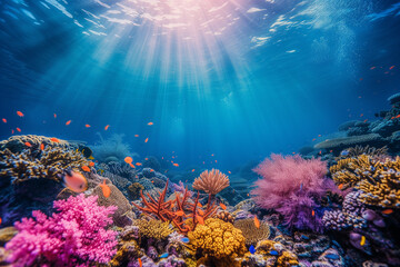 Obraz premium Sun beams shinning underwater on the tropical coral reef.Ecosystem and environment conservation