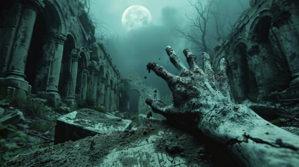 Eerie scene of a hand emerging from a grave in a foggy cemetery under a full moon - obrazy, fototapety, plakaty