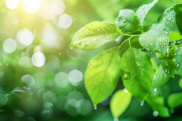 Lush leaves with morning dew, evoking freshness and tranquility in a vibrant green gardening scene