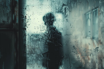 Shadowy figure behind dusty scratched glass. Halloween horror background.