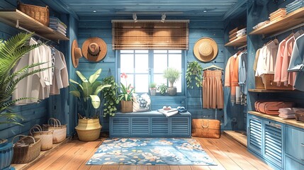 Naklejka premium Paint your dressing room with watercolors and a playful cartoon style against a pristine white backdrop. Let Midjourny 6 inspire your creative flair.