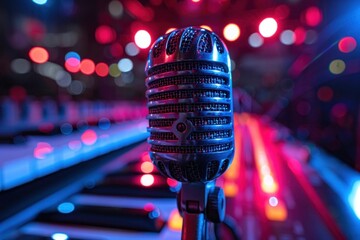 A microphone is placed on a stage next to a keyboard