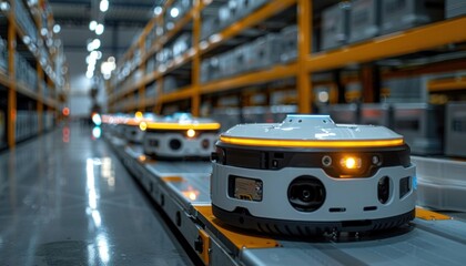 Robots on conveyor belt in warehouse moving efficiently