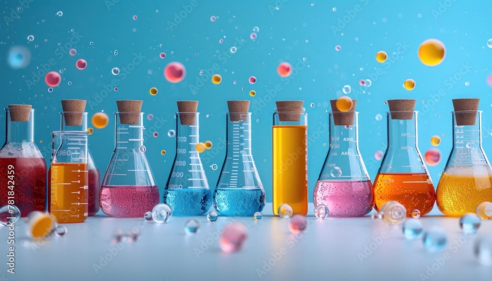 Poster a row of beakers filled with different colored liquids on a table