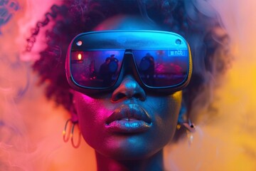 Woman in purple eyewear and VR headset having fun with entertainment