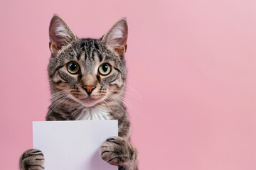 Cute cat holding empty white sign in front of pink studio background with copy space