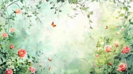 watercolor flower garden scene with cascading vines, blooming roses, and fluttering butterflies, capturing the beauty of a summer day  