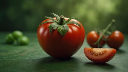 red tomatoes close-ups with green background