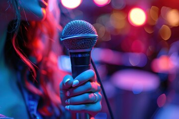 A music artist sings into a purple microphone on stage