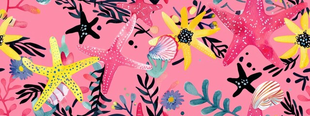 Tropical pink pattern with flowers, sea anemones, corals and seashells