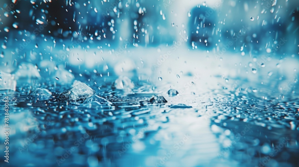 Poster macro shot of raindrops creating dynamic splashes on a reflective blue surface with a shallow depth 