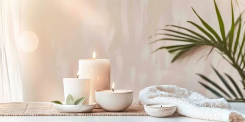 Fototapeta na wymiar A serene spa arrangement with lit candles, a fresh plant, and a fluffy towel on a bamboo mat.