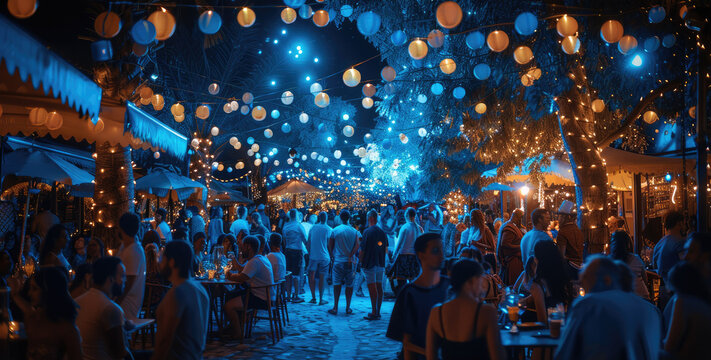 A open air blue themed party at night, the place is crowded. Generative AI.
