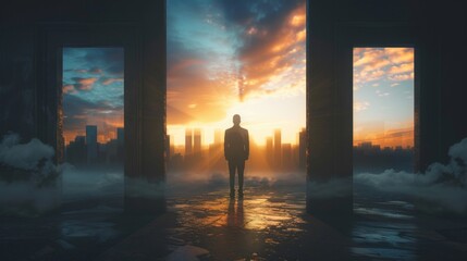 Fototapeta premium A solitary figure stands before open doorways leading to a cityscape enveloped in clouds during sunset, conveying choice and future.