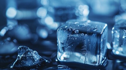 Macro shot of melting ice cubes with a beautiful blue tint, reflecting light and texture. - obrazy, fototapety, plakaty