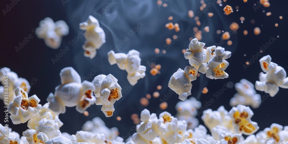 Poster freshly popped popcorn kernels captured floating against a dark background, portraying movement and 