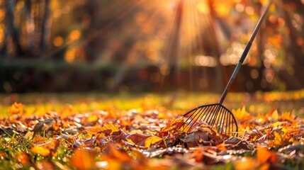 Seasonal autumn garden scene with a rake and scattered leaves in morning sunlight. - obrazy, fototapety, plakaty