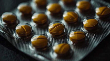 A detailed macro shot of sealed yellow tablets in a blister pack, highlighting pharmaceuticals and healthcare.