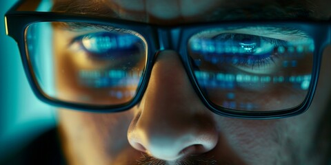 Close-up of a person wearing glasses with computer screen's reflection visible, emphasizing digital work or gaming.