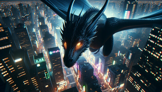 The dragon flies low over the city's nightlife district, its massive wings causing ripples in the sky. City sea of light. Street lights and neon signs flicker in the commotion created by his passage.