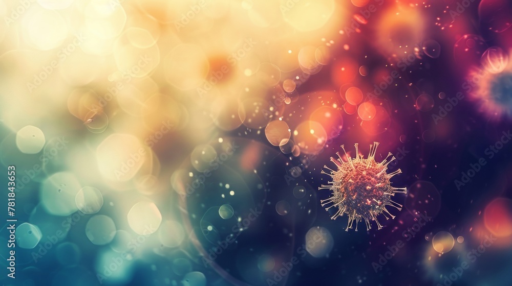 Poster artistic representation of a virus particle amid colorful light bokeh, symbolizing medical concepts 