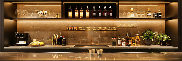 Stylish Bar or Cafe Interior, Elegant Drink Setup with Glasses and Bottles, Modern Nightlife and Hospitality Design