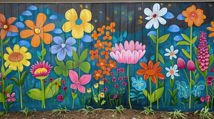 watercolor flower mural for a community garden or public space, featuring larger-than-life blooms and vibrant colors to brighten up the surroundings 