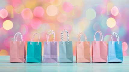 row of pastel color paper shopping bags with pastel color bokeh background