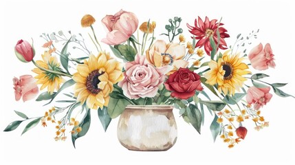 watercolor flower still life composition with a mix of garden roses, tulips, and sunflowers arranged in a vintage vase, capturing the essence of timeless beauty 
